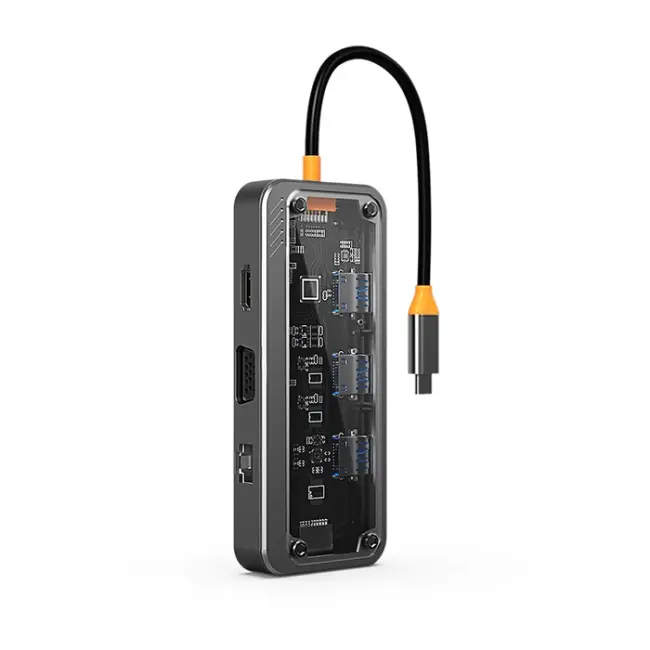ALLY SW1V-PRO Type-c To USB3.0 3adet+ 3.5mm+ HDMI+ VGA+ SD + TF + Ethernet Çoğaltıcı Transparan Hub-(5775)