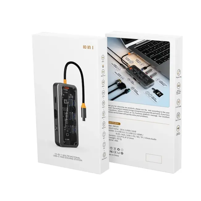 ALLY SW1V-PRO Type-c To USB3.0 3adet+ 3.5mm+ HDMI+ VGA+ SD + TF + Ethernet Çoğaltıcı Transparan Hub-(5775)