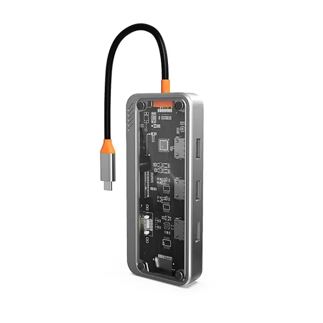 ALLY SW1V-PRO Type-c To USB3.0 3adet+ 3.5mm+ HDMI+ VGA+ SD + TF + Ethernet Çoğaltıcı Transparan Hub-(5775)