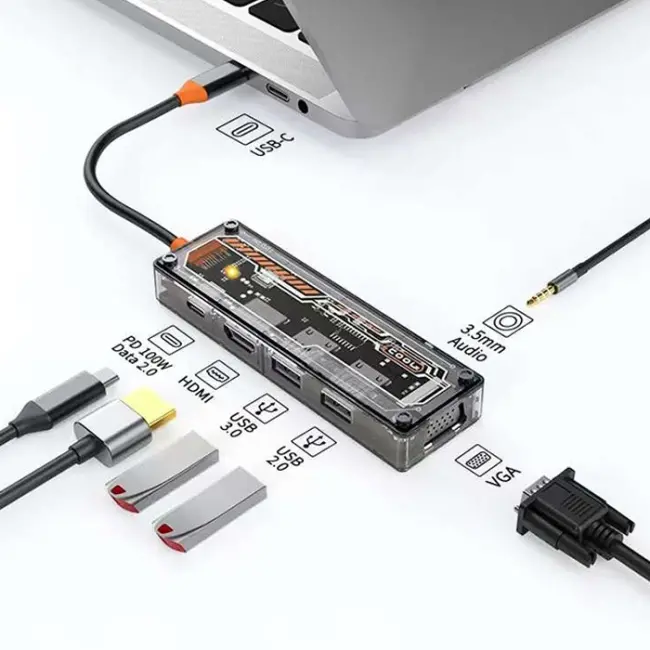 ALLY 6in1 Type-c To USB3.0 + USB2.0 + Type-c PD 100W + HDMI + VGA + 3.5mm  Çoğaltıc Transparanı Hub-(5775)