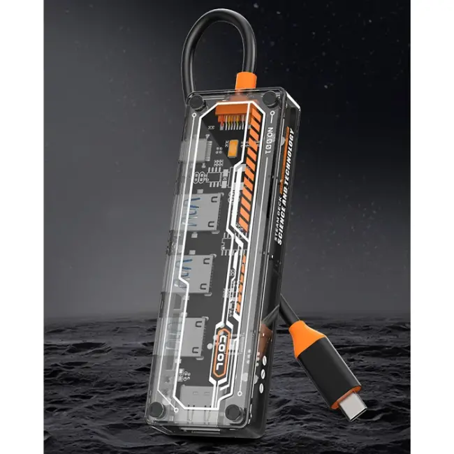 ALLY 5in1 Type-c To USB3.0 + USB2.0 + Type-c PD 100W + HDMI + Ethernet Çoğaltıcı Transparan Hub-(5775)