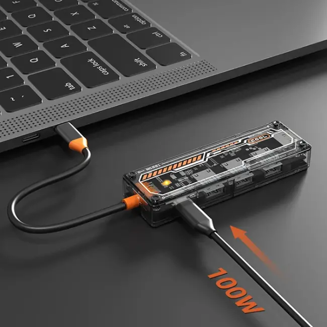 ALLY 5in1 Type-c To USB3.0 + USB2.0 + Type-c PD 100W + HDMI + Ethernet Çoğaltıcı Transparan Hub-(5775)