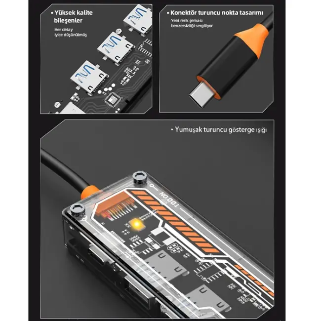 ALLY 5in1 Type-c To USB3.0 + USB2.0 + Type-c PD 100W + HDMI + Ethernet Çoğaltıcı Transparan Hub-(5775)