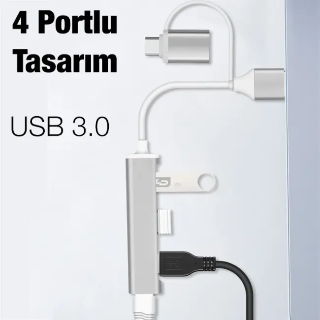 ALLY A-806 4in1 Type-C + USB Girişli USB 3.0 Çoğaltıcı Hub Adaptör Çevirici-(5775)