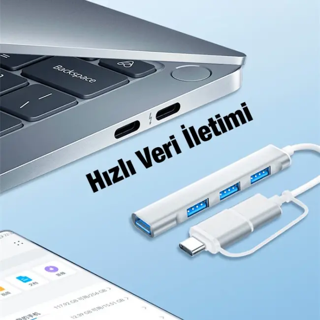 ALLY A-806 4in1 Type-C + USB Girişli USB 3.0 Çoğaltıcı Hub Adaptör Çevirici-(5775)