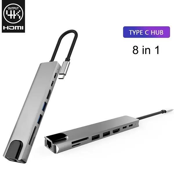 Ally 8 Port Usb 8in1 3.0 Type-C Hdmi 3XUSB+2 PD) RJ45 Hub Adaptör Çoklayıcı TF SD Kart-(5775)