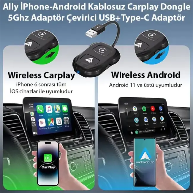 Ally iPhone-Android Kablosuz Carplay 5ghz Adaptör Çevirici -Youtube Netflix Tiktok Video Yansıtıcı-(5775)