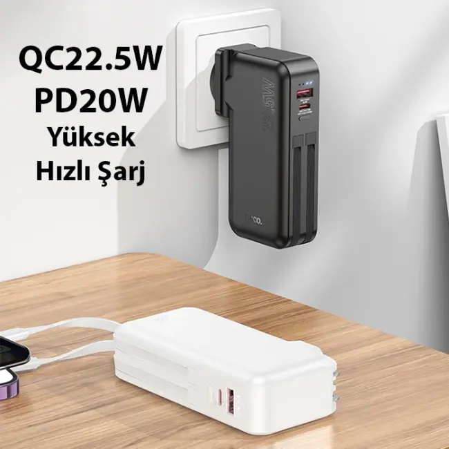 Hoco J126 USB-A+Type-C Çıkışlı Type-c+Lightning Kablolu 10000mAh Powerbank Şarj Aleti-(5775)