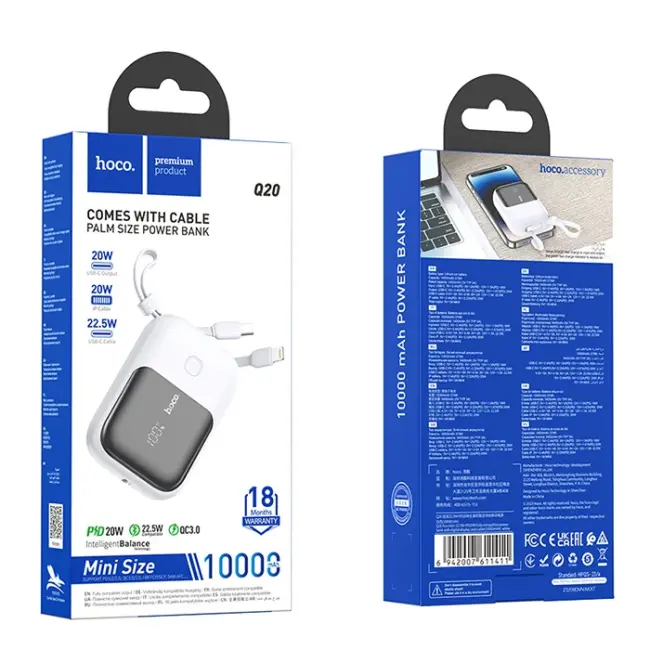 HOCO Q20 Fountain 10000mAh 22.5W+PD20W Dijital Göstergeli Kablolu Powerbank-(5775)