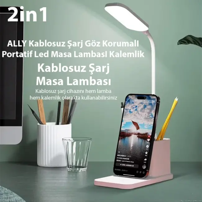 ALLY Kablosuz sarj Göz Korumali Portatif Led Masa Lambasi Kalemlik-(5775)