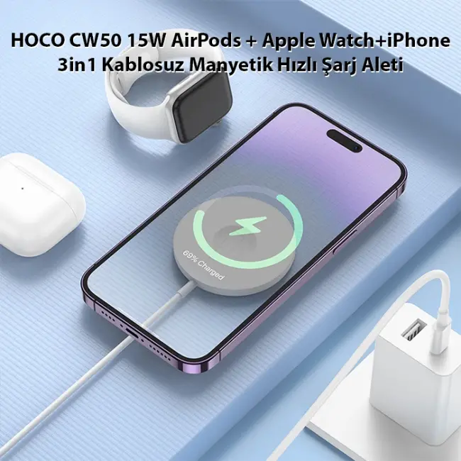 HOCO CW50 15W AirPods + Apple Watch+iPhone 3in1 Kablosuz Manyetik Hızlı Şarj Aleti-(5775)