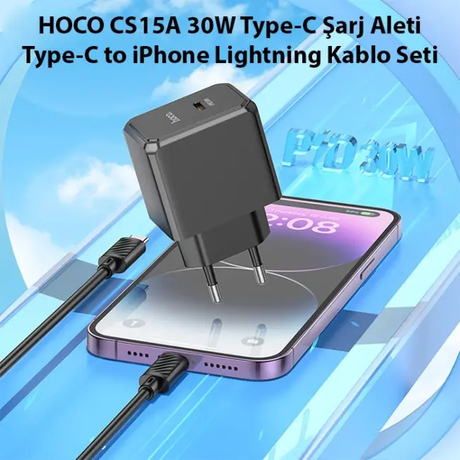 HOCO CS15A 30W Type-C Şarj Aleti + Type-C to iPhone Lightning Kablo Seti-(5775)