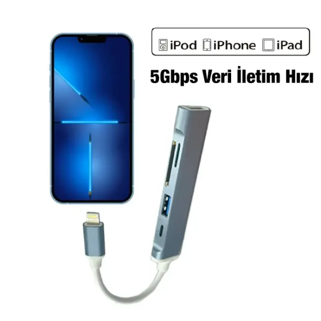 Ally S-503 5in1 Lightning to USB + SD Kart Hub Adaptör Çevirici Dönüştürücü-(5775)