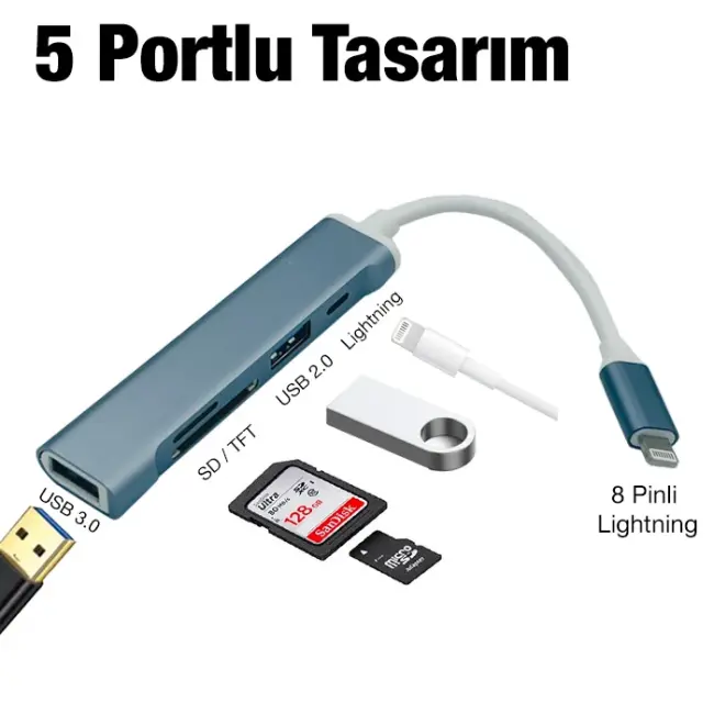 Ally S-503 5in1 Lightning to USB + SD Kart Hub Adaptör Çevirici Dönüştürücü-(5775)
