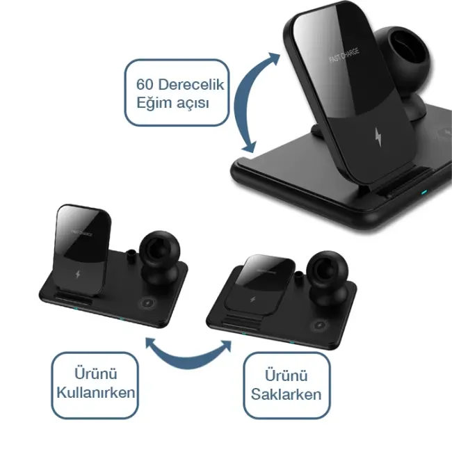 ALLY W58 15W Qi Hızlı Şarj 4 in 1 iPhone+ AirPods Pro Kablosuz Şarj Standı-(5775)