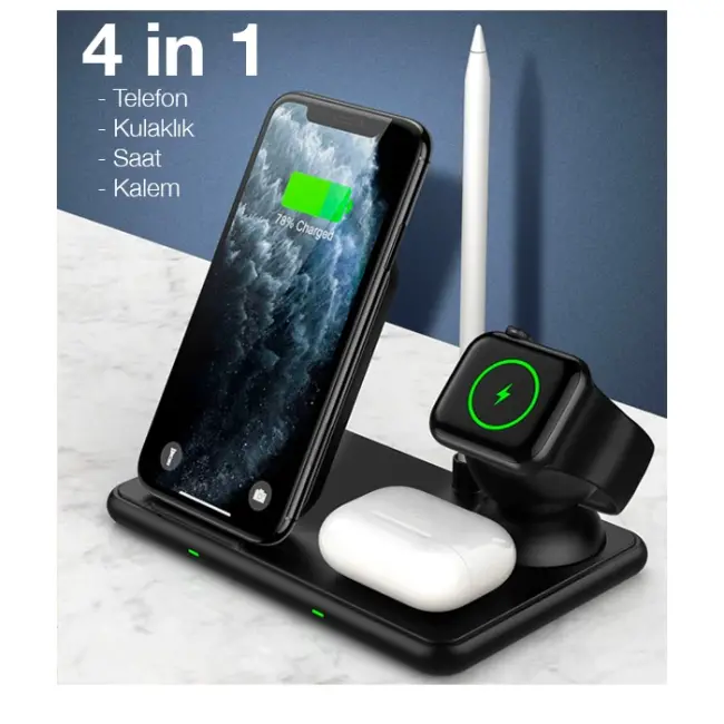 ALLY W58 15W Qi Hızlı Şarj 4 in 1 iPhone+ AirPods Pro Kablosuz Şarj Standı-(5775)