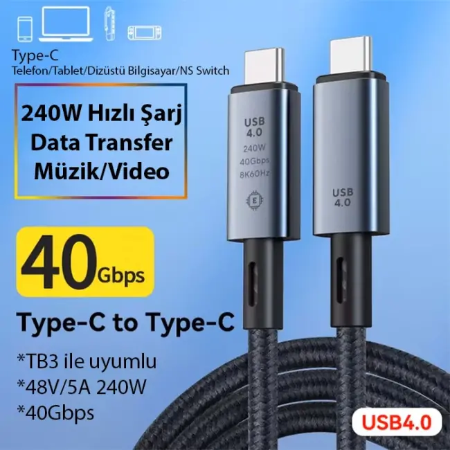 ALLY 40Gbps 240W Type-C 8K Görüntü ve Hızlı Data Şarj Kablosu-(5775)
