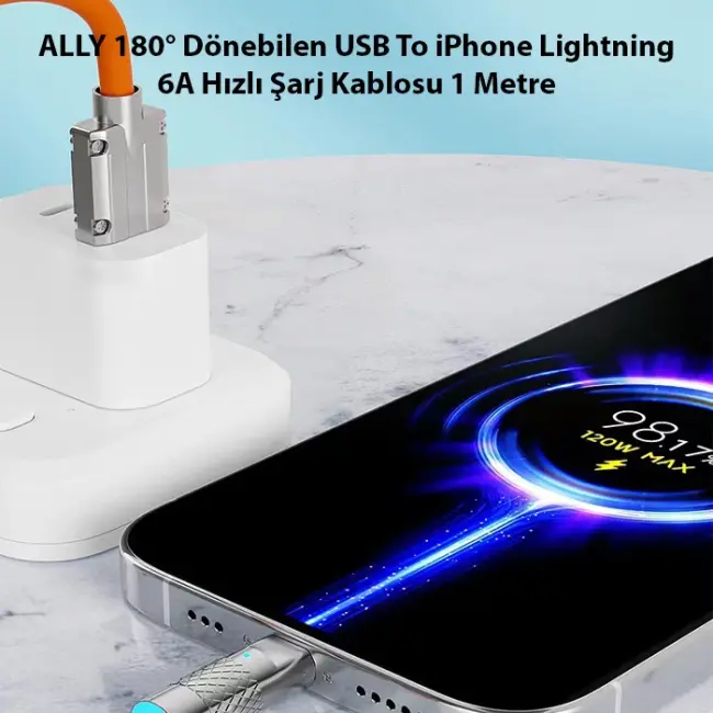 ALLY 180° Dönebilen USB To iPhone Lightning 6A Hızlı Şarj Kablosu 1 Metre-(5775)