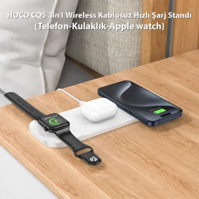 HOCO CQ5 3in1 Wireless Kablosuz Hızlı Şarj Standı (Telefon-Kulaklık-Apple watch)-(5775)