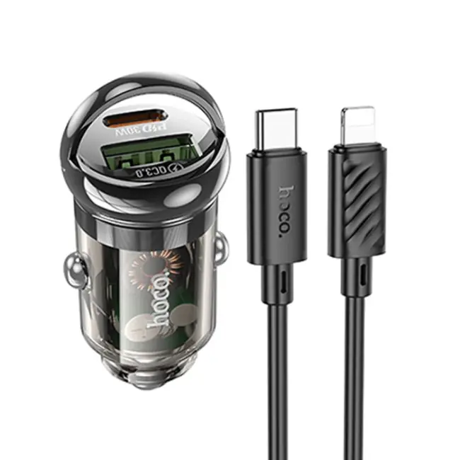 HOCO Z53A Vision PD30W Type-C + USB QC3.0 Girişli Araç Çakmaklık Hızlı Şarj Aleti + Type-C to iPhone-(5775)