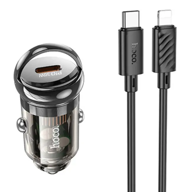 HOCO Z53 Sight Single PD30W Type-C Girişli Araç Çakmaklık Hızlı Şarj Aleti + Type-C to iPhone Lightn-(5775)
