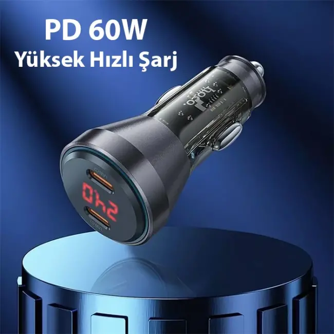 HOCO NZ12C Graceful PD60W 2 Type-C Girişli Araç Çakmaklı Hızlı Şarj Aleti + Type-C to iPhone Kablo-(5775)