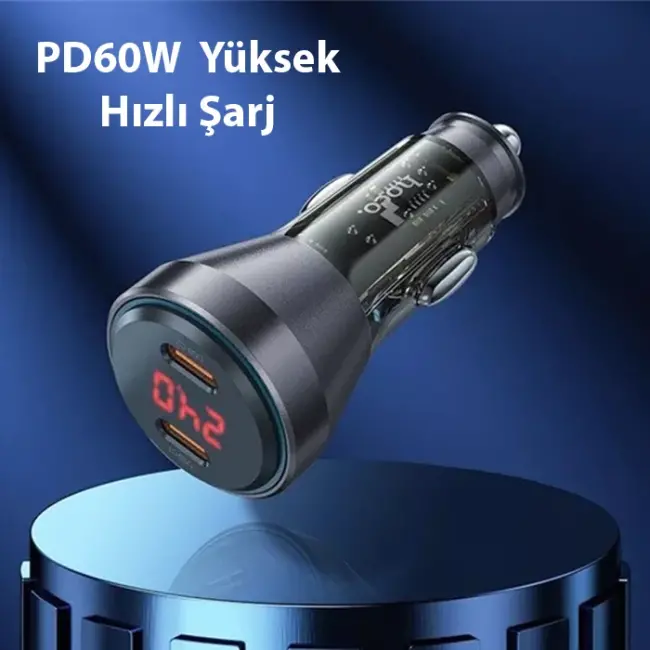 HOCO NZ12C Graceful PD60W 2 Type-C Girişli Araç Çakmaklı Hızlı Şarj Aleti-(5775)
