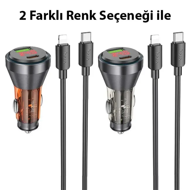 HOCO NZ12B Unimpeded PD48W USB + Type-C Araç Çakmaklı Hızlı Şarj Aleti + Type-C to iPhone Kablo-(5775)