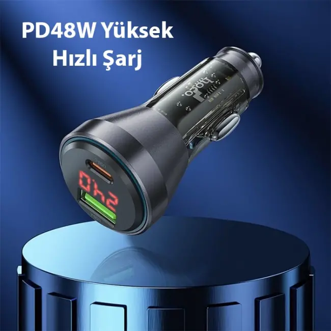 HOCO NZ12B Unimpeded PD48W USB + Type-C Araç Çakmaklı Hızlı Şarj Aleti + Type-C to iPhone Kablo-(5775)
