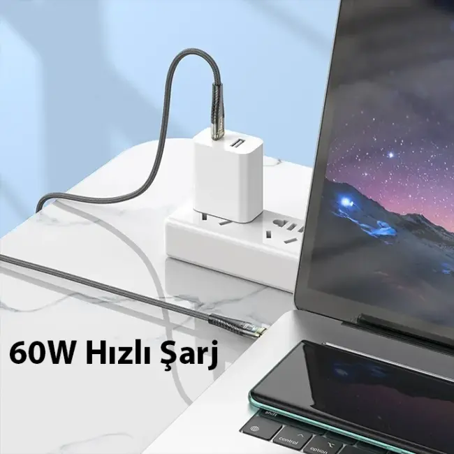 HOCO U121 Gold standard Transparent Discovery Edition 60W Type-C to Type-C Hızlı Şarj ve Data Kablos-(5775)