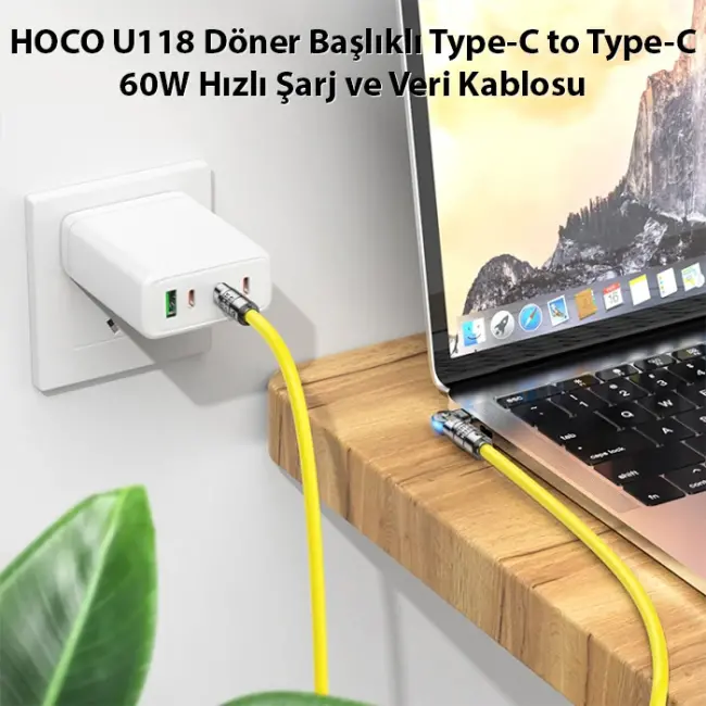 HOCO U118 Döner Başlıklı Type-C to Type-C 60W Hızlı Şarj ve Veri Kablosu-(5775)