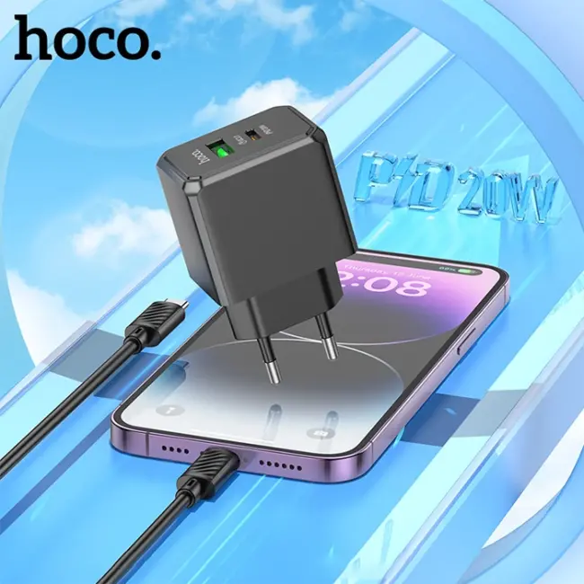 HOCO CS14A Ocean PD20W+QC3.0  Girişli Hızlı Şarj Başlığı Ve Type-C To iPhone Lightning Kablo-(5775)