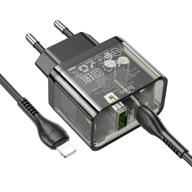 HOCO N34 PD20W USB+Type-C + iPhone Lightning Kablo Hızlı Şarj Adaptör Seti-(5775)
