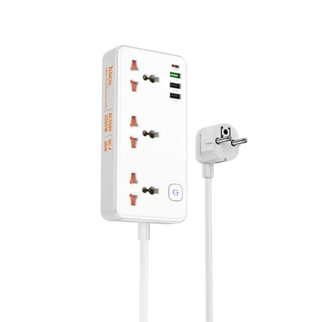HOCO AC8A 2500W 3 Priz + 3 USB + 30W Type-C Multifonksiyonel Priz Çoğaltıcı Şarj Aleti-(5775)