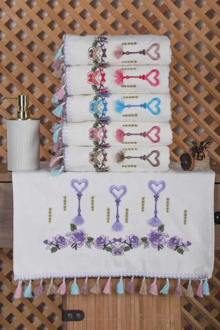 6 lı Kalp Çiçek Nakışlı Püsküllü Mutfak Havlusu Takımı 30 x 50 Cm
