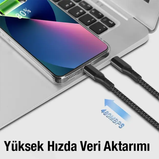 ALLY 1mt 27W Type-C To iPhone Lightning Süper Hızlı Data ve Şarj Kablosu Akım ve Isı Korumalı Halat-(5775)