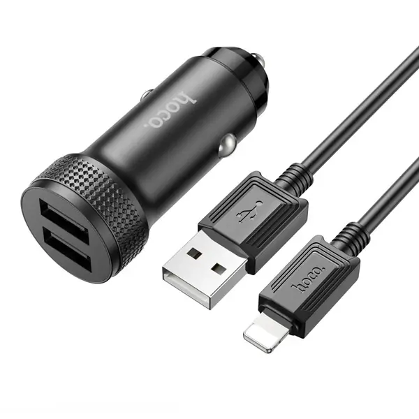 HOCO Z49 Çift USB Girişli Araç Şarj Başlık + USB To iPhone Lightning Kablo-(5775)