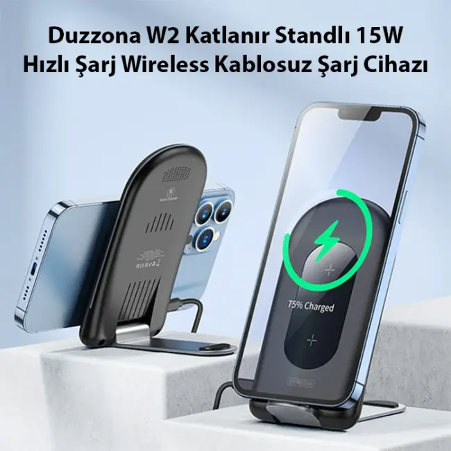Duzzona W2 Katlanır Standlı 15W Hızlı Şarj Wireless Kablosuz Şarj Cihazı-(5775)