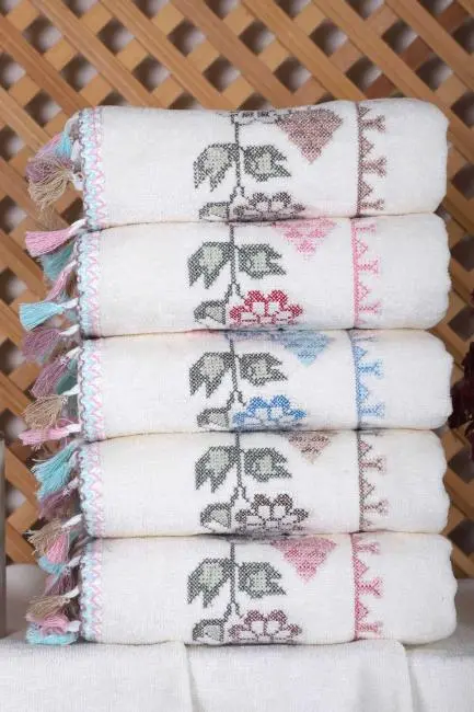 6 lı Kanaviçe Nakışlı Mutfak Havlusu Seti Püsküllü 30 x 50 Cm