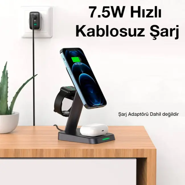 ALLY W68 15W 3in1 Manyetik ve Katlanabilir Portatif Masaüstü Kablosuz Şarj Standı-(5775)