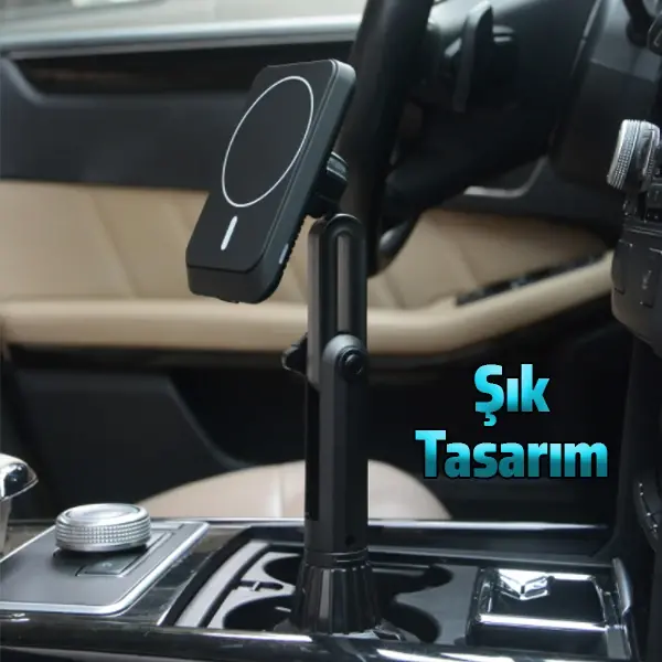ALLY Araç Bardaklık Telefon Tutucu Magsafe iPhone 15-14-13-12 Serisi 15W Kablosuz Hızlı Şarj Cihazı-(5775)