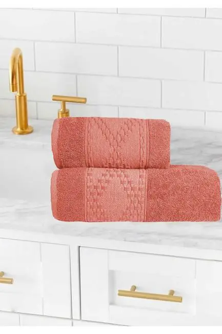 2 Parça Banyo Havlu Takımı %100 Pamuklu Lina Desen Turuncu