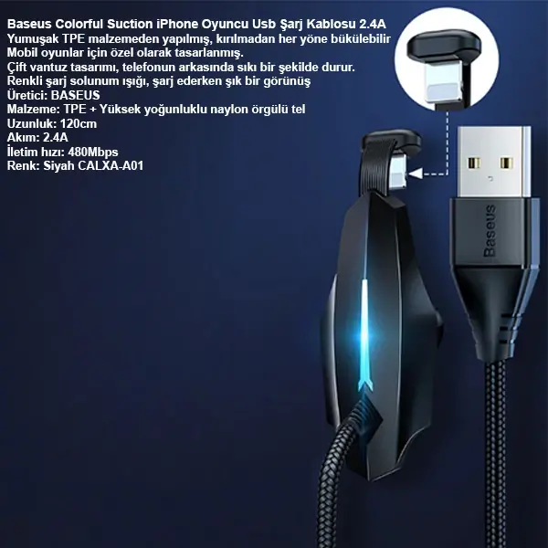 Baseus Colorful Suction iPhone Oyuncu Usb Şarj Kablosu 2.4A 1.2m-(5775)