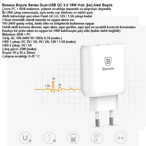 Baseus Bojure Series Dual-USB QC 3.0 18W Hızlı Şarj Aleti Başlık-(5775)