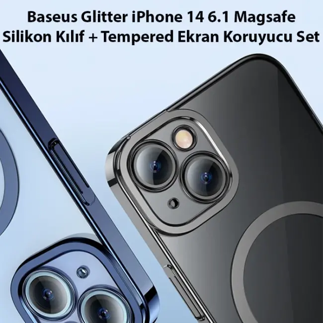 Baseus Glitter iPhone 14 6.1 Magsafe Silikon Kılıf + Tempered Ekran Koruyucu Set-(5775)