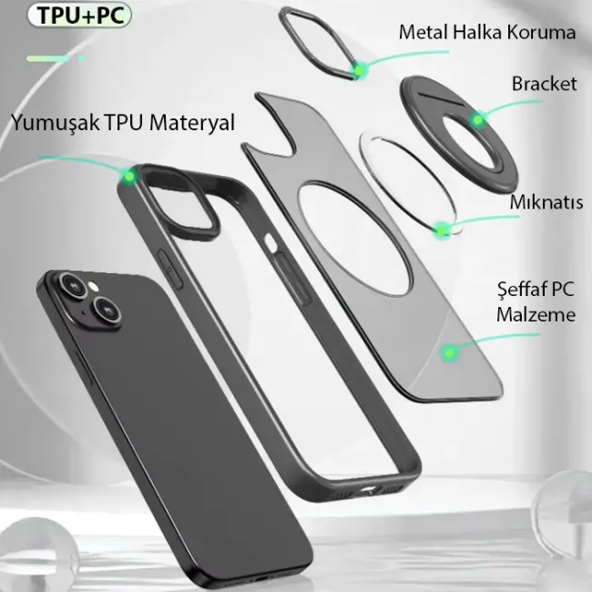 ALLY iPhone 15 Plus İçin Magsafe Uyumlu Yüzük Standlı Manyetik Silikon Kılıf-(5775)