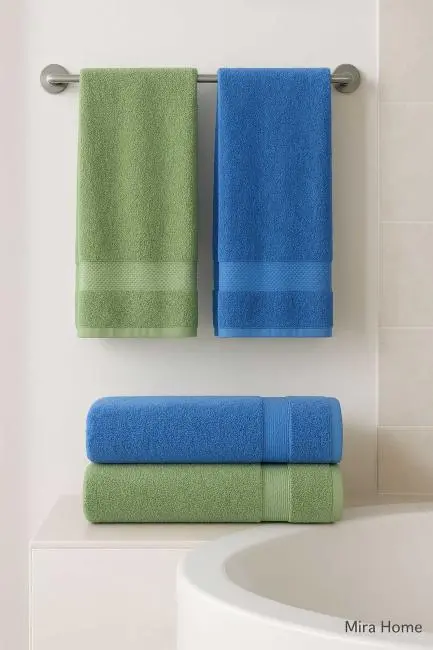 4 Parça Ekonomik Banyo Havlu Takımı %100 Pamuklu Quickdry Mavi Yeşil