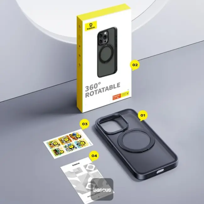 Baseus iPhone 15 Pro SkyRing Serisi Standlı Magsafe Manyetik Kılıf + Tempered Ekran Koruyucu Set-(5775)