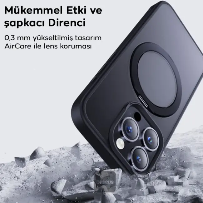 Baseus iPhone 15 Pro Max SkyRing Serisi Standlı Magsafe Manyetik Kılıf + Tempered Ekran Koruyucu Set-(5775)
