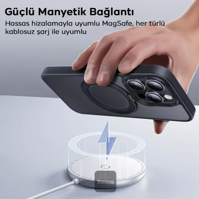 Baseus iPhone 15 Plus SkyRing Serisi Standlı Magsafe Manyetik Kılıf + Tempered Ekran Koruyucu Set-(5775)